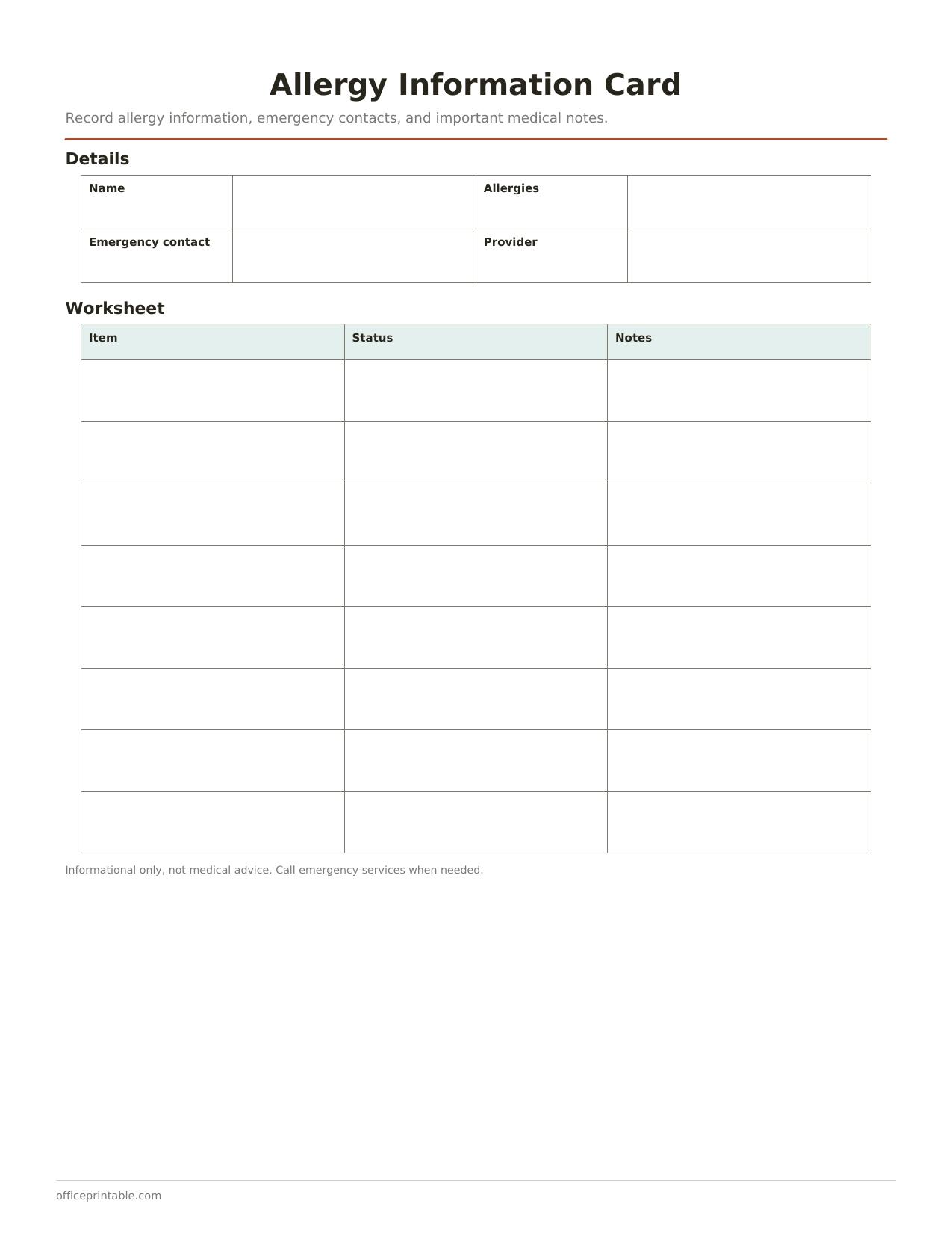 Preview of the Allergy Information Card printable PDF