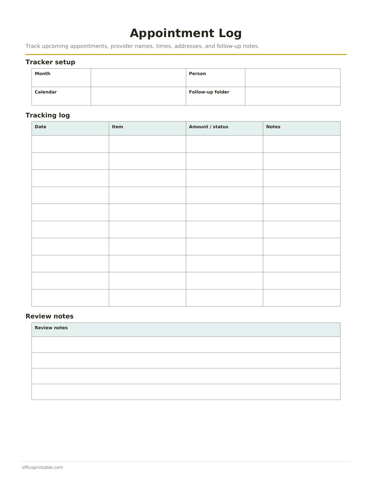 Preview of the Appointment Log printable PDF