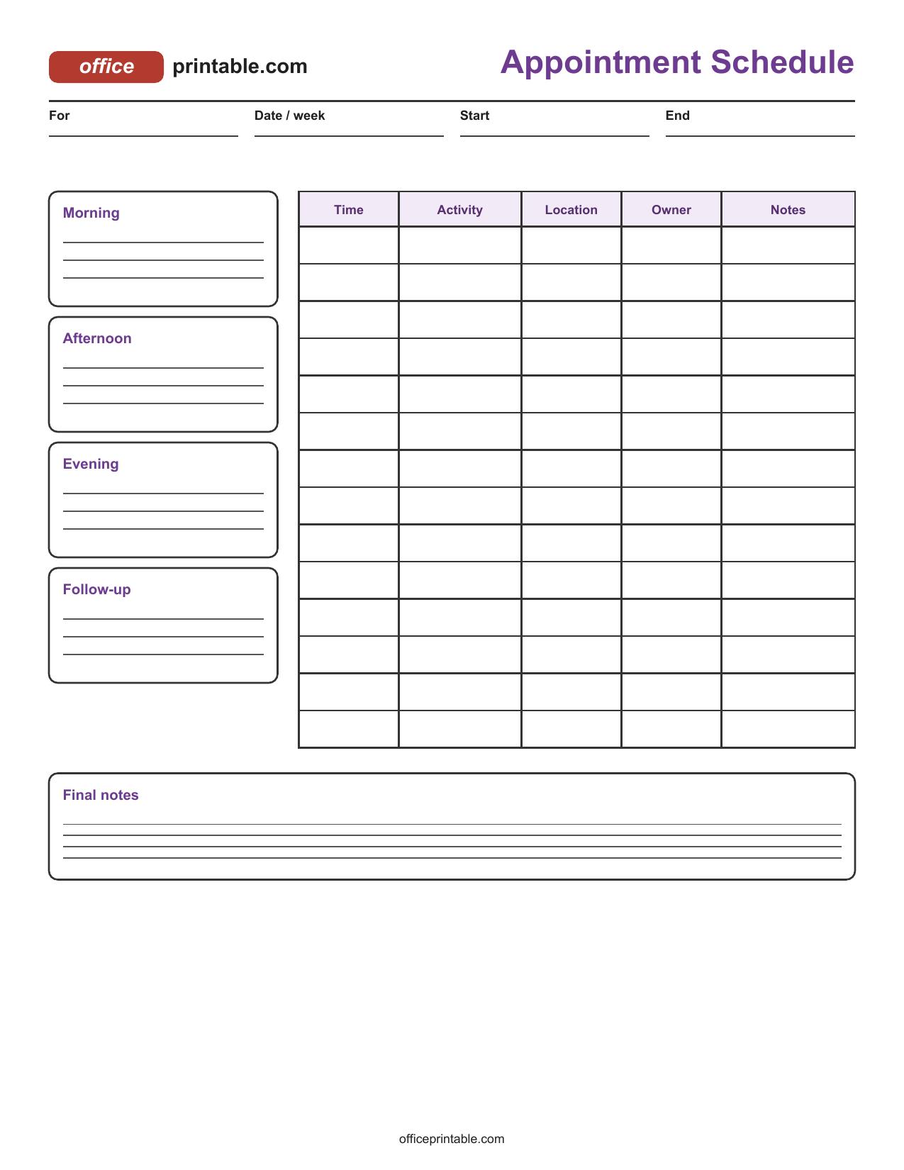 Preview of Appointment Schedule Printable
