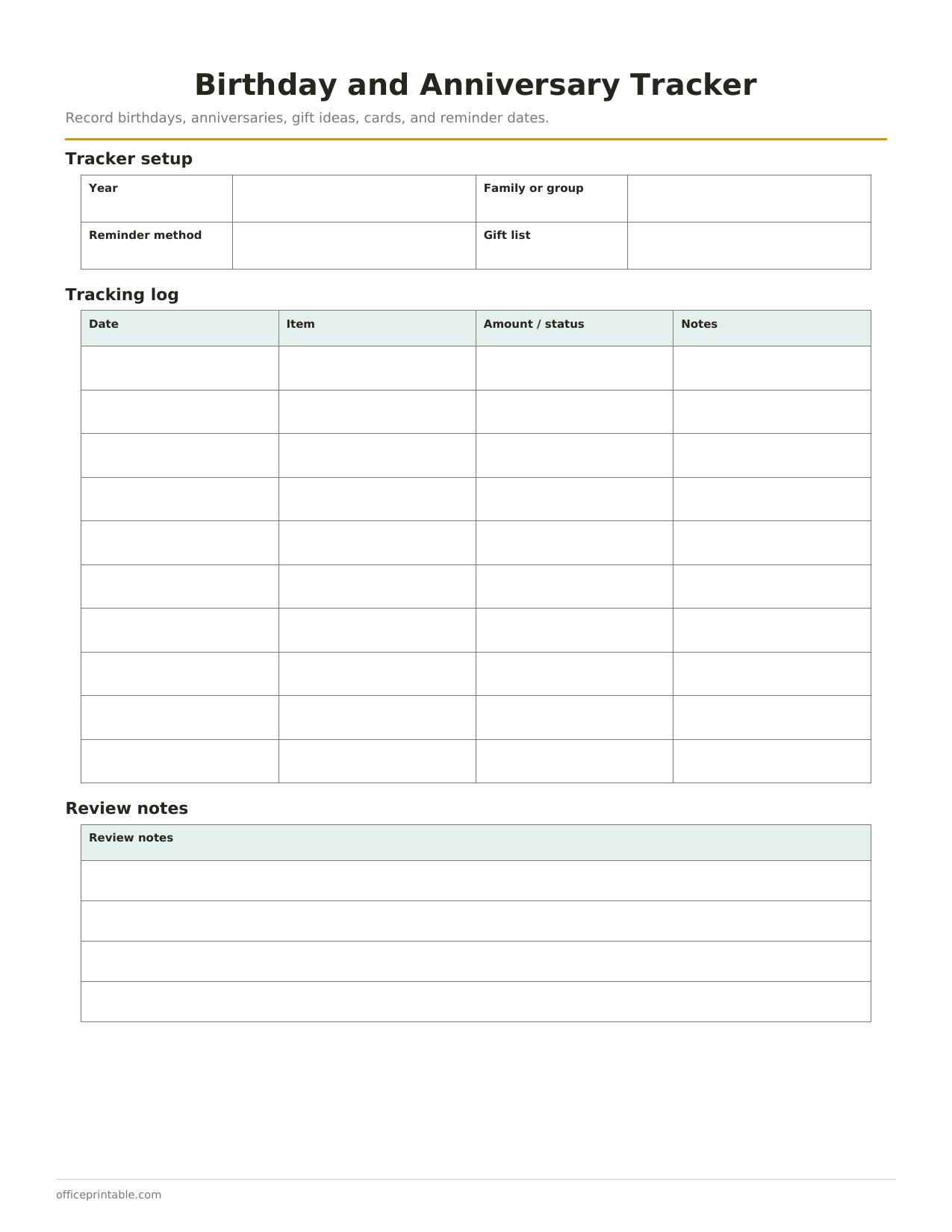 Preview of the Birthday and Anniversary Tracker printable PDF