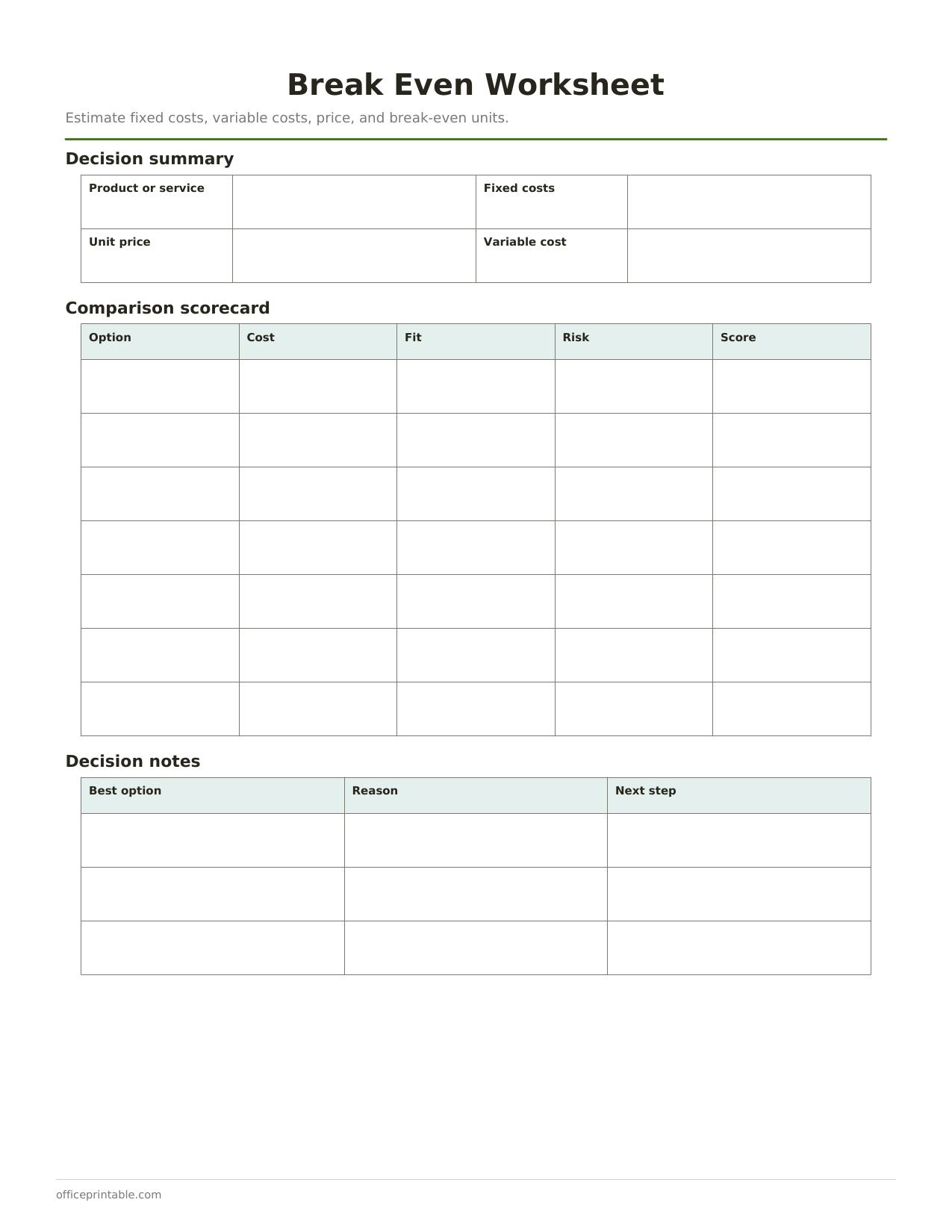 Preview thumbnail of Break Even Worksheet
