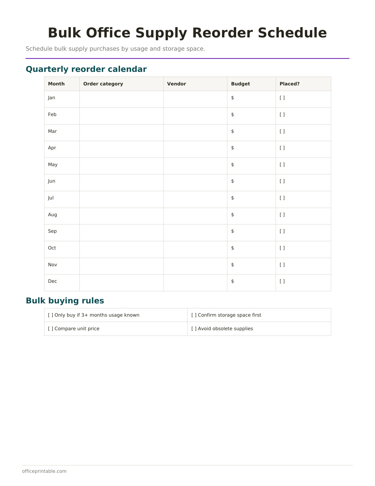 Preview of the Bulk Office Supply Reorder Schedule printable PDF