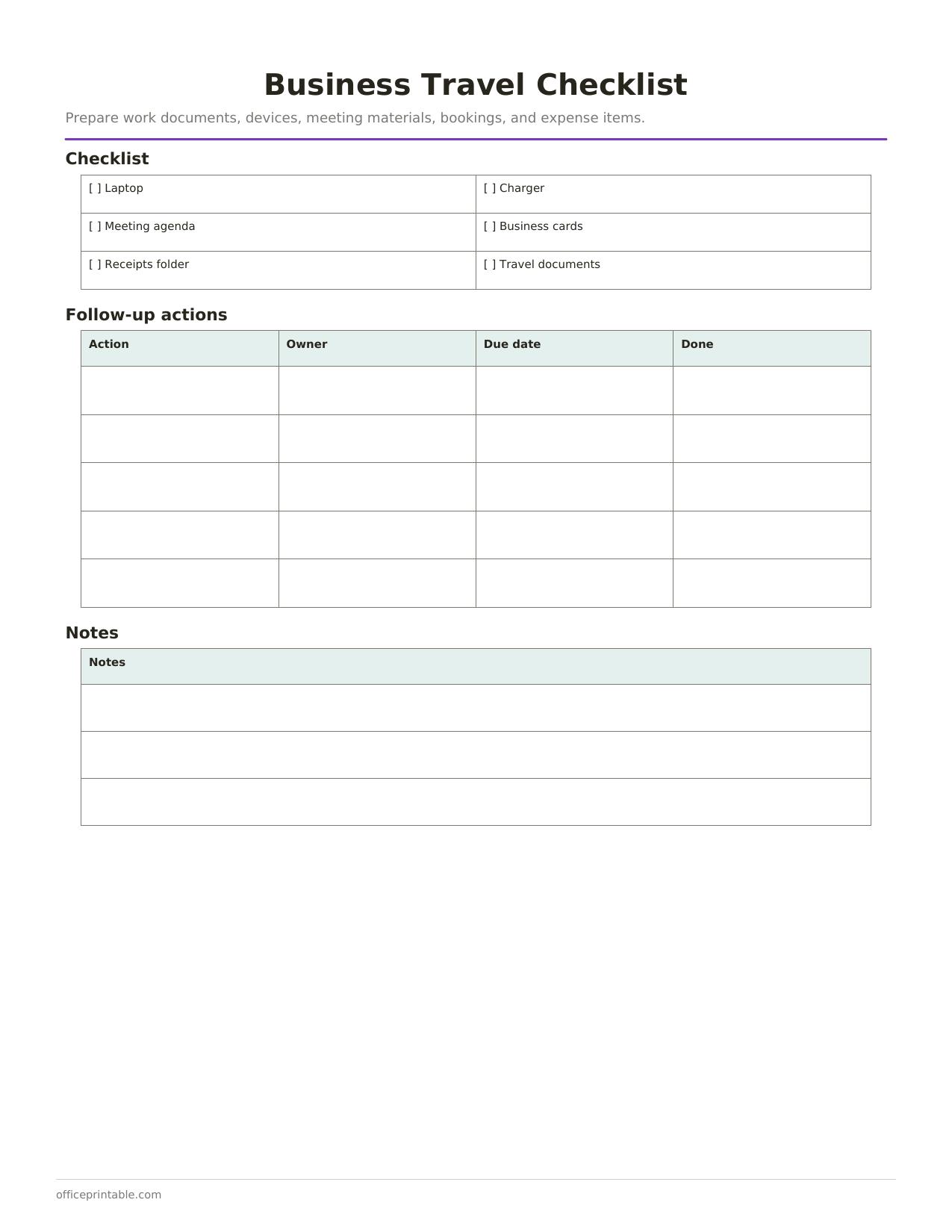 Preview of the Business Travel Checklist printable PDF