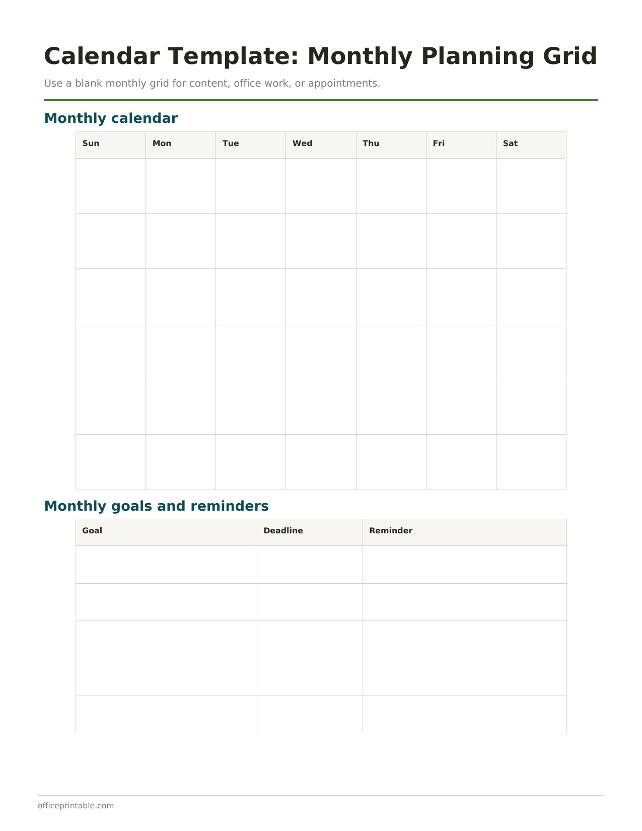 Preview of Calendar Template Monthly Planning Grid