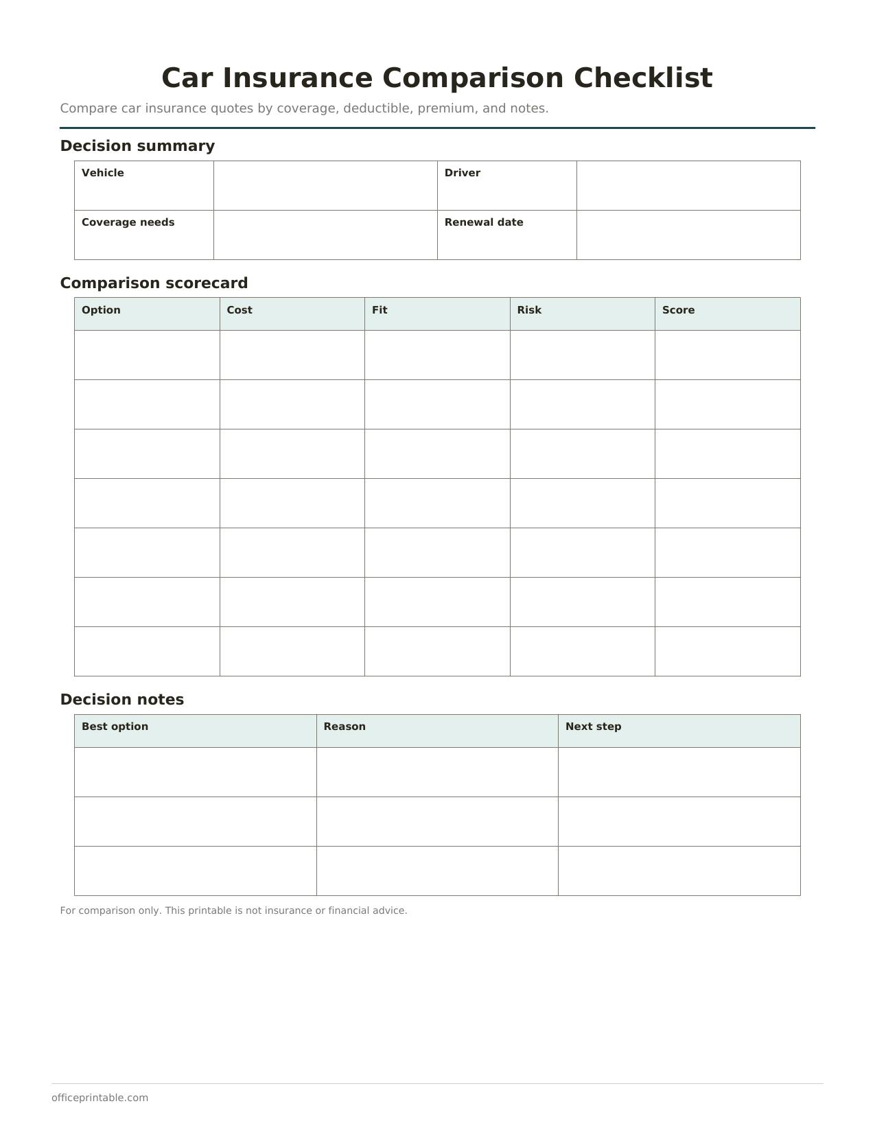 Preview of the Car Insurance Comparison Checklist printable PDF