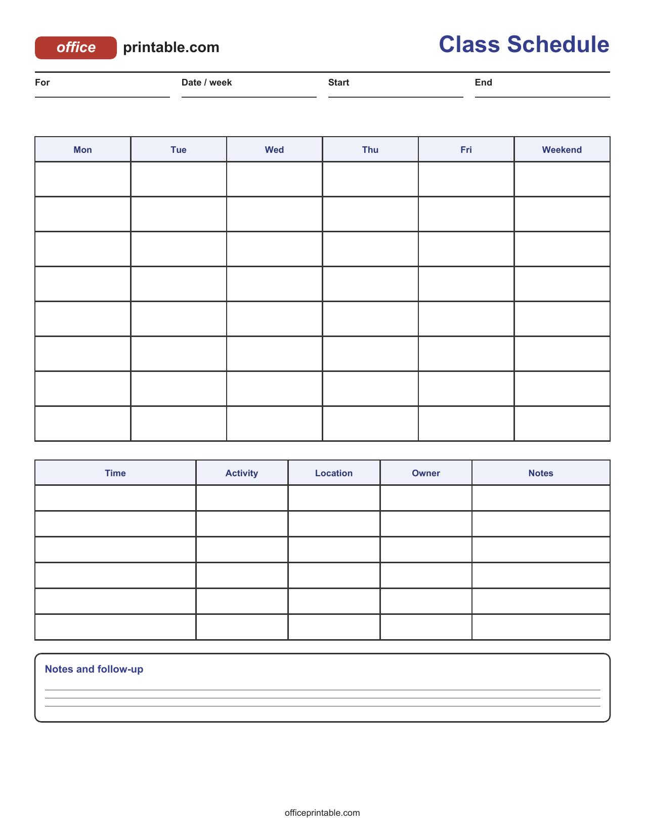 Preview of Class Schedule Printable