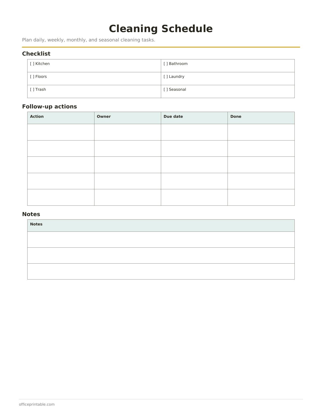 Preview of the Cleaning Schedule printable PDF