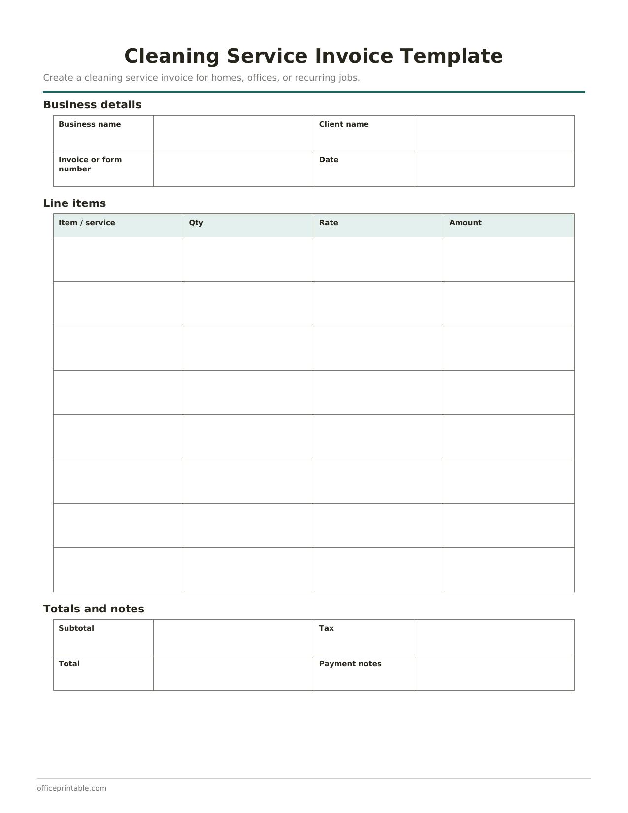 Preview of the Cleaning Service Invoice Template printable PDF