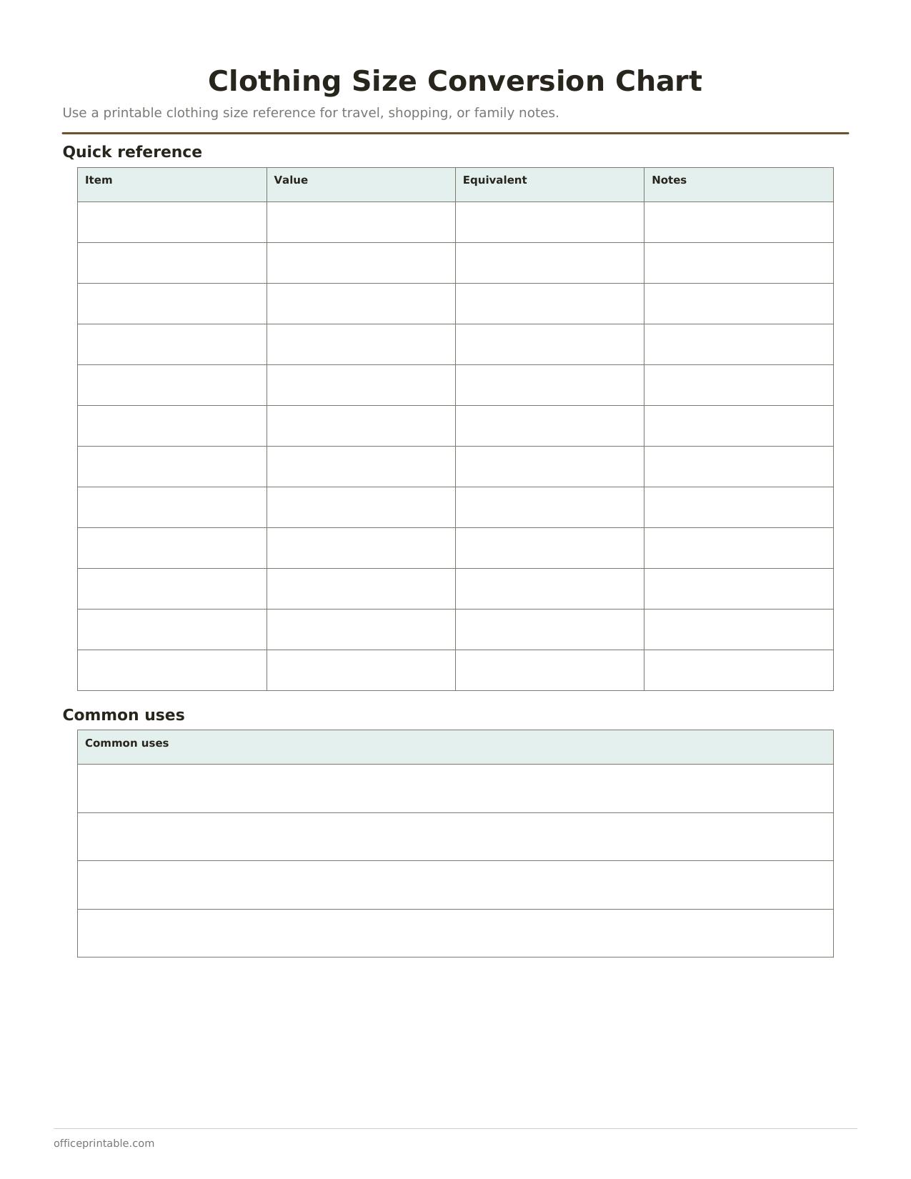 Preview of the Clothing Size Conversion Chart printable PDF
