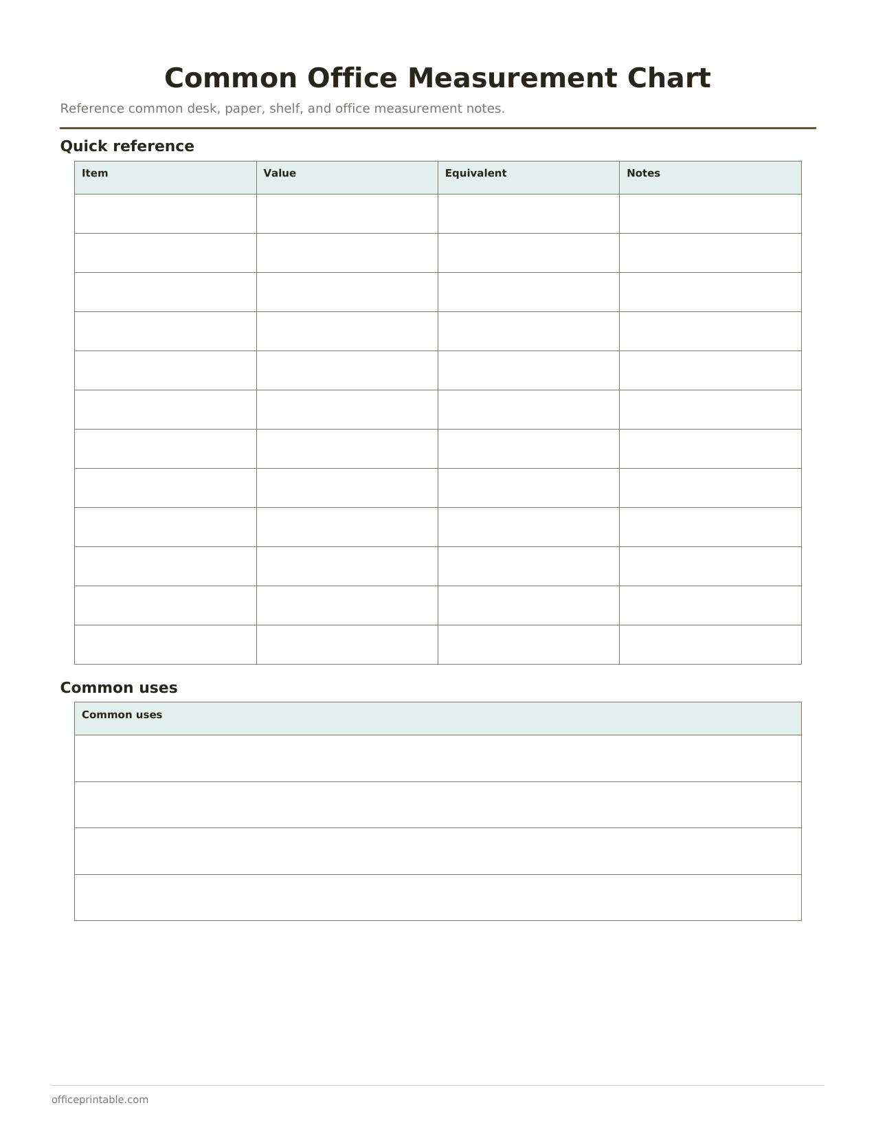Preview of the Common Office Measurement Chart printable PDF
