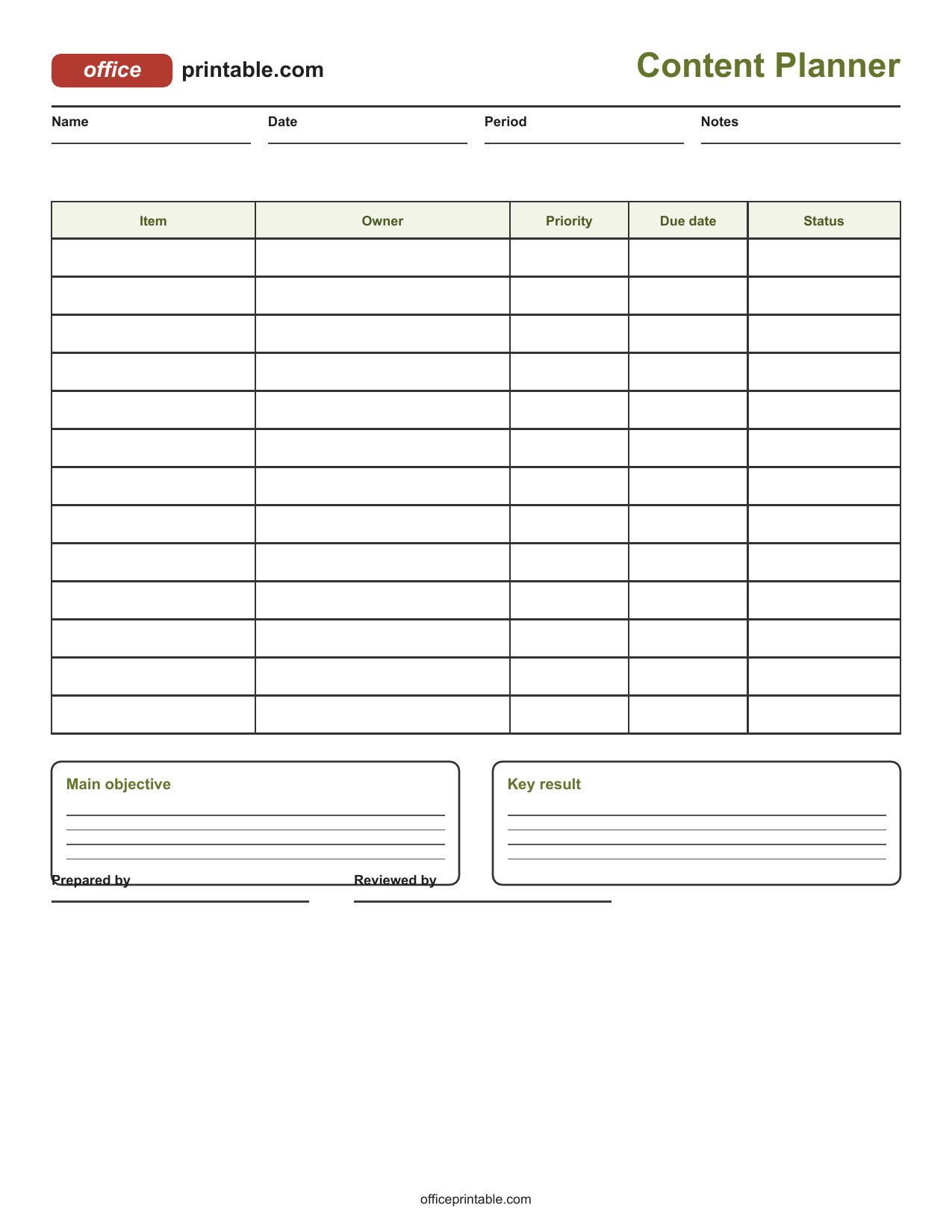 Preview of Content Planner Printable