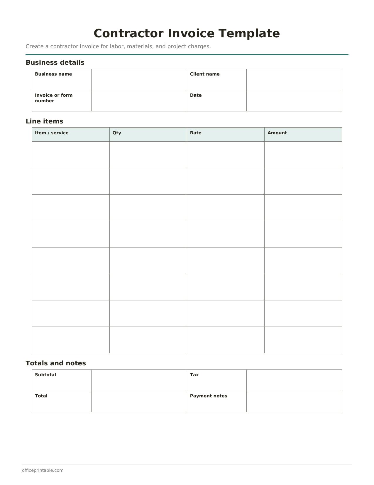 Preview of the Contractor Invoice Template printable PDF