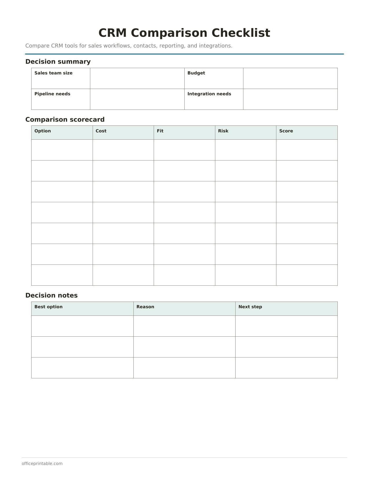 Preview of the CRM Comparison Checklist printable PDF
