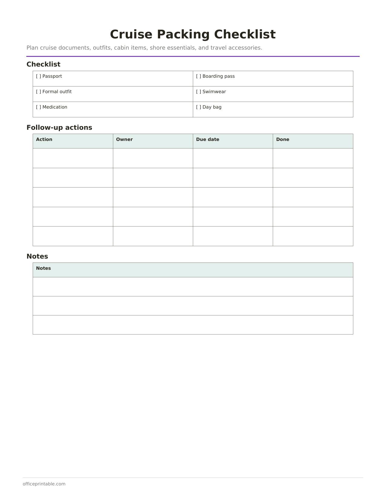 Preview of the Cruise Packing Checklist printable PDF