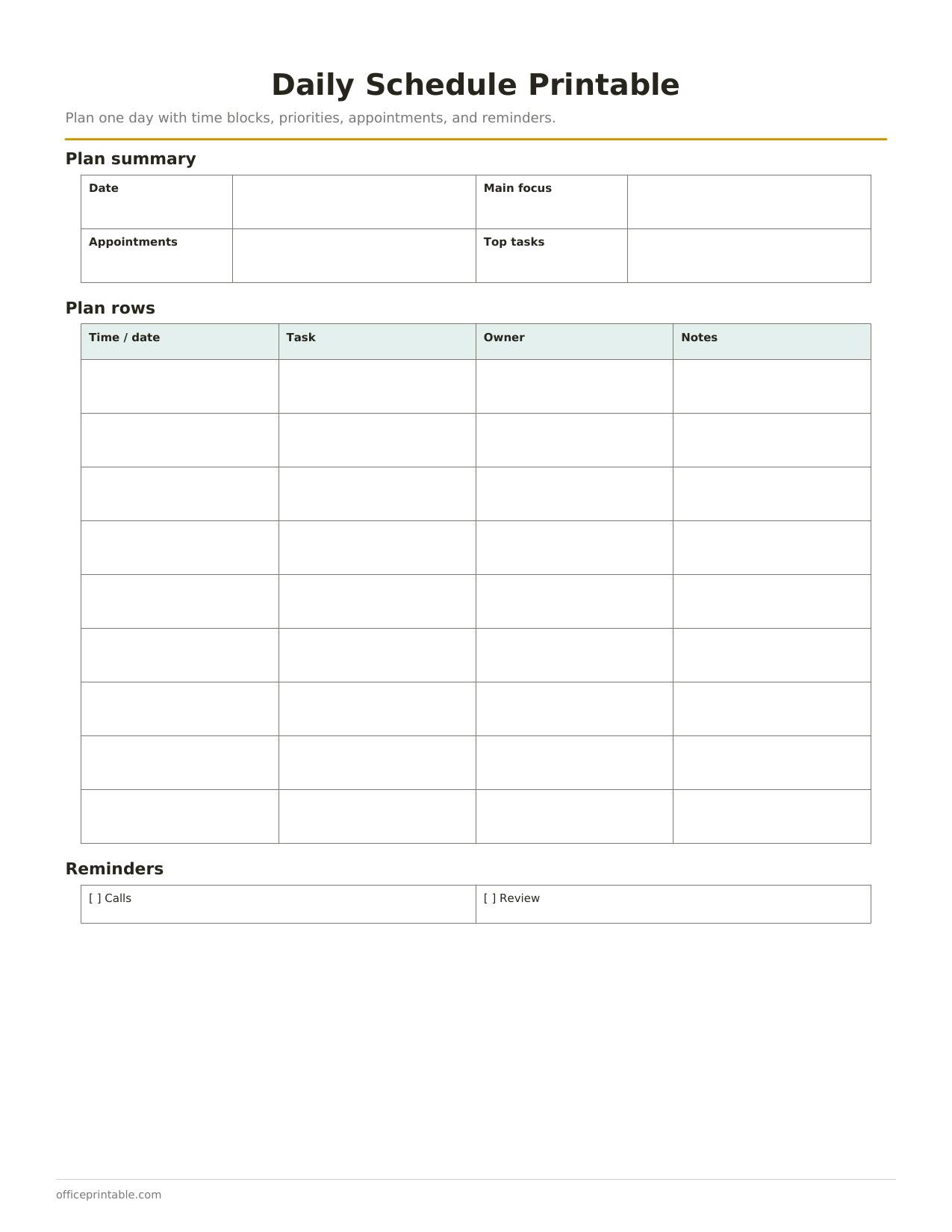 Preview of the Daily Schedule Printable printable PDF