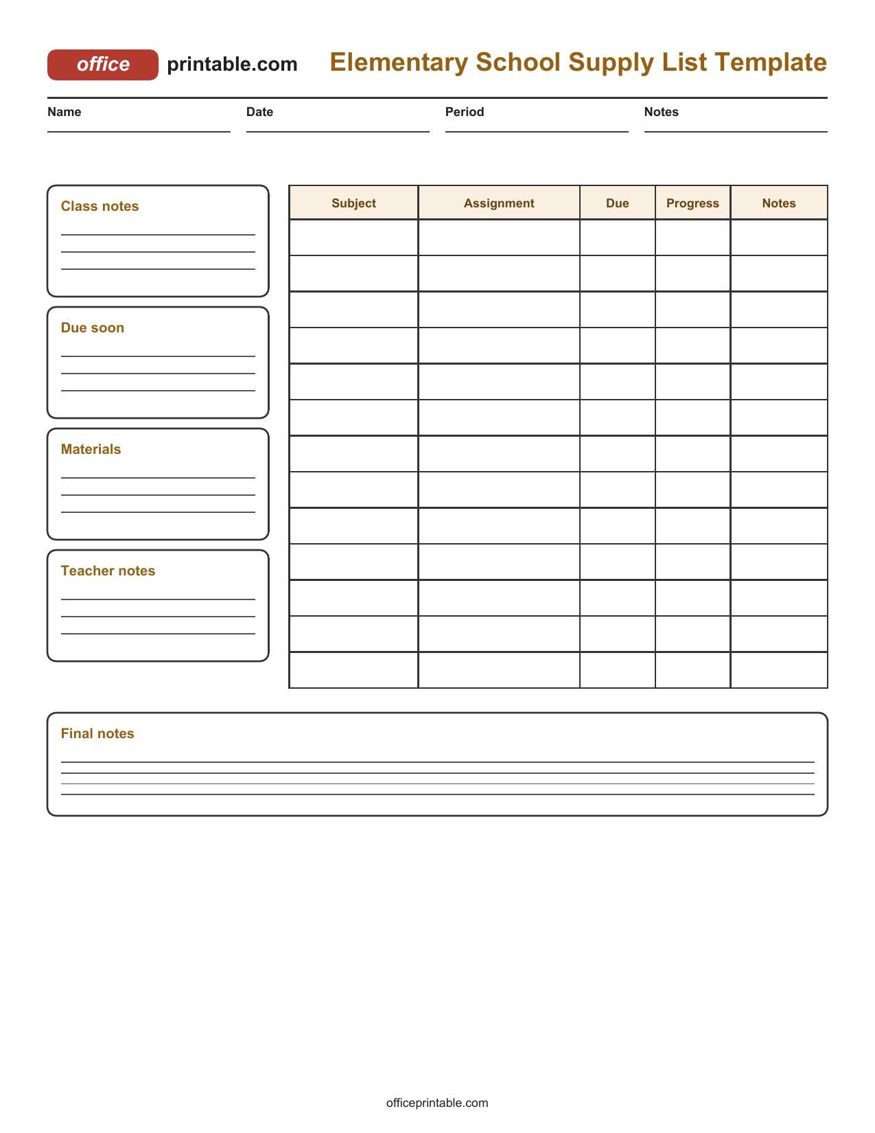 Preview thumbnail of Elementary School Supply List Template