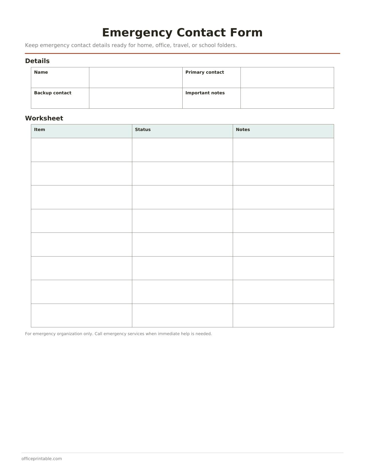 Preview of the Emergency Contact Form printable PDF