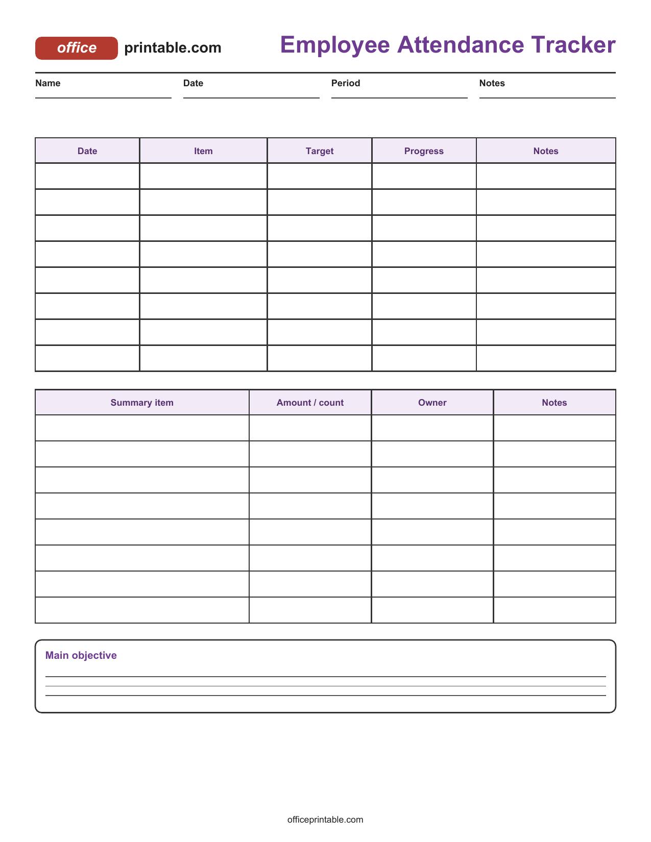 Preview of Employee Attendance Tracker Printable