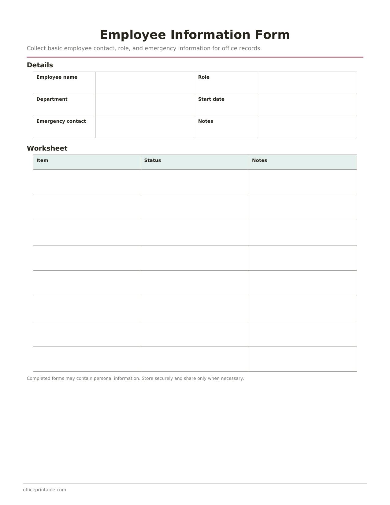 Preview thumbnail of Employee Information Form