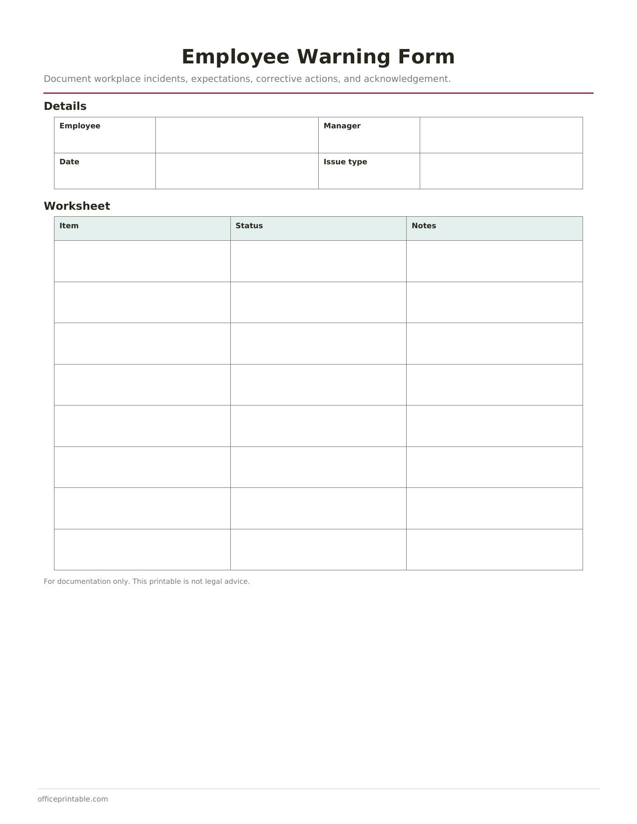 Preview thumbnail of Employee Warning Form