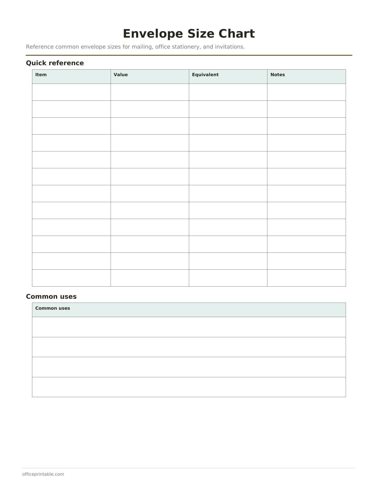 Preview of the Envelope Size Chart printable PDF