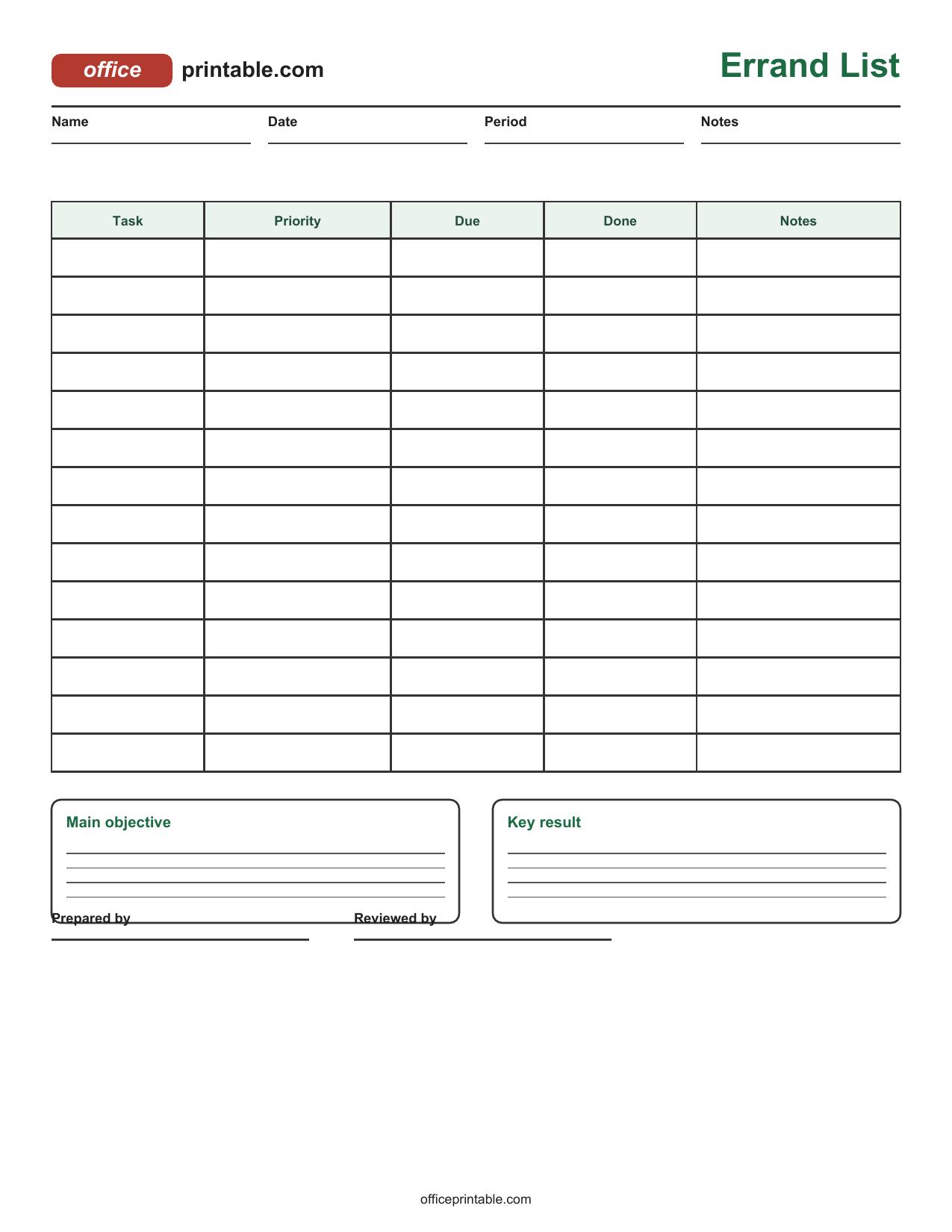 Preview of Errand List Printable