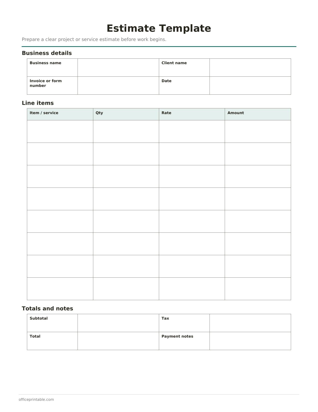 Preview of the Estimate Template printable PDF