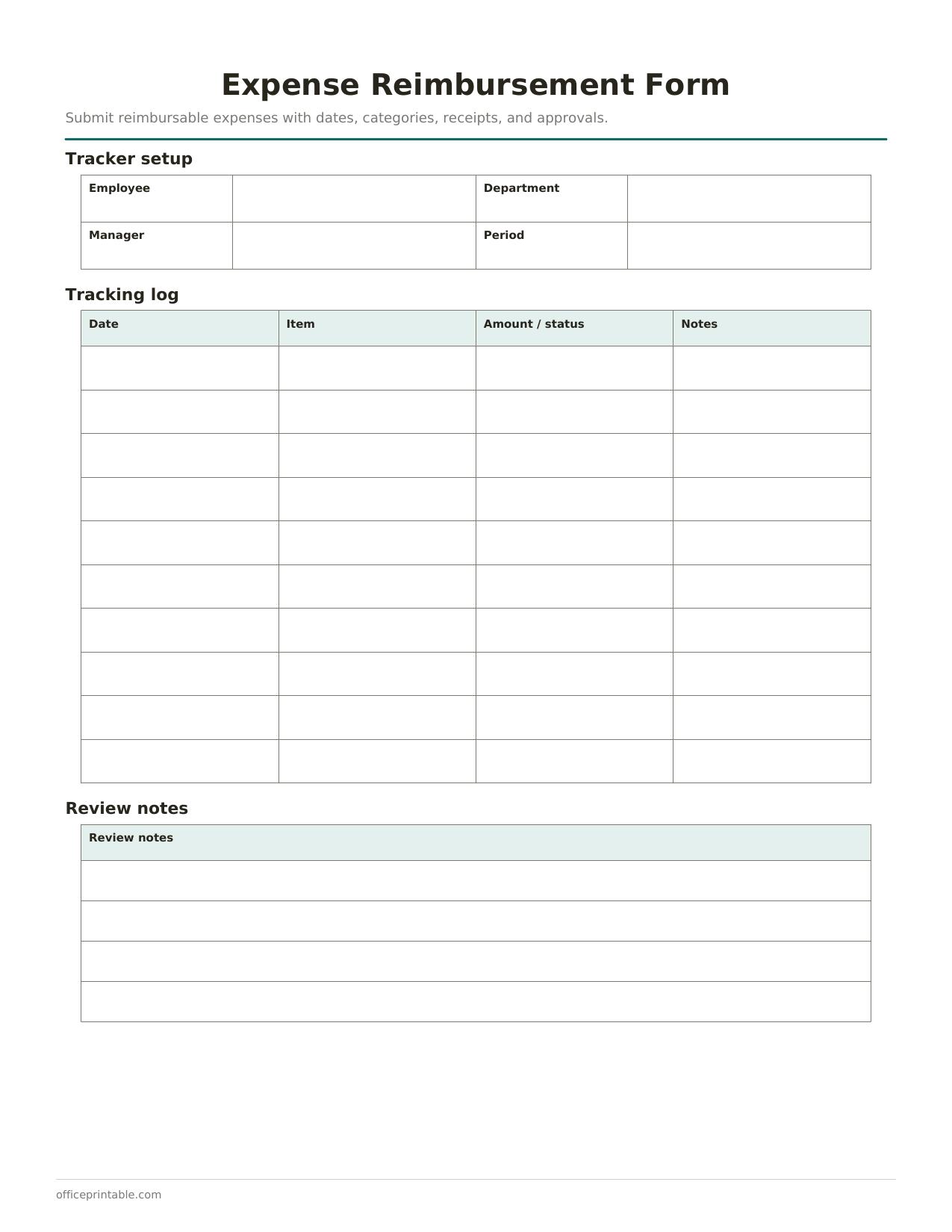 Preview of the Expense Reimbursement Form printable PDF