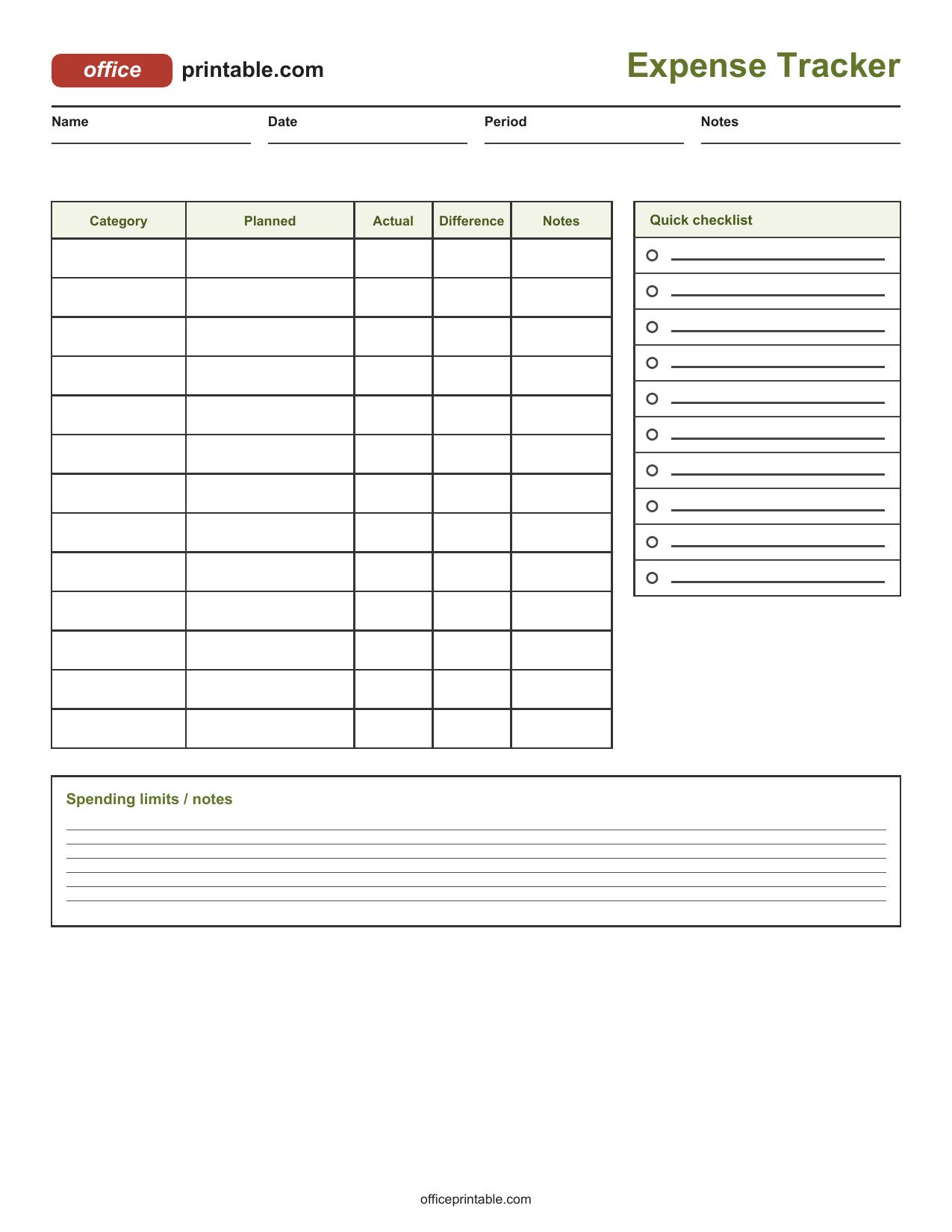 Preview of Expense Tracker Printable
