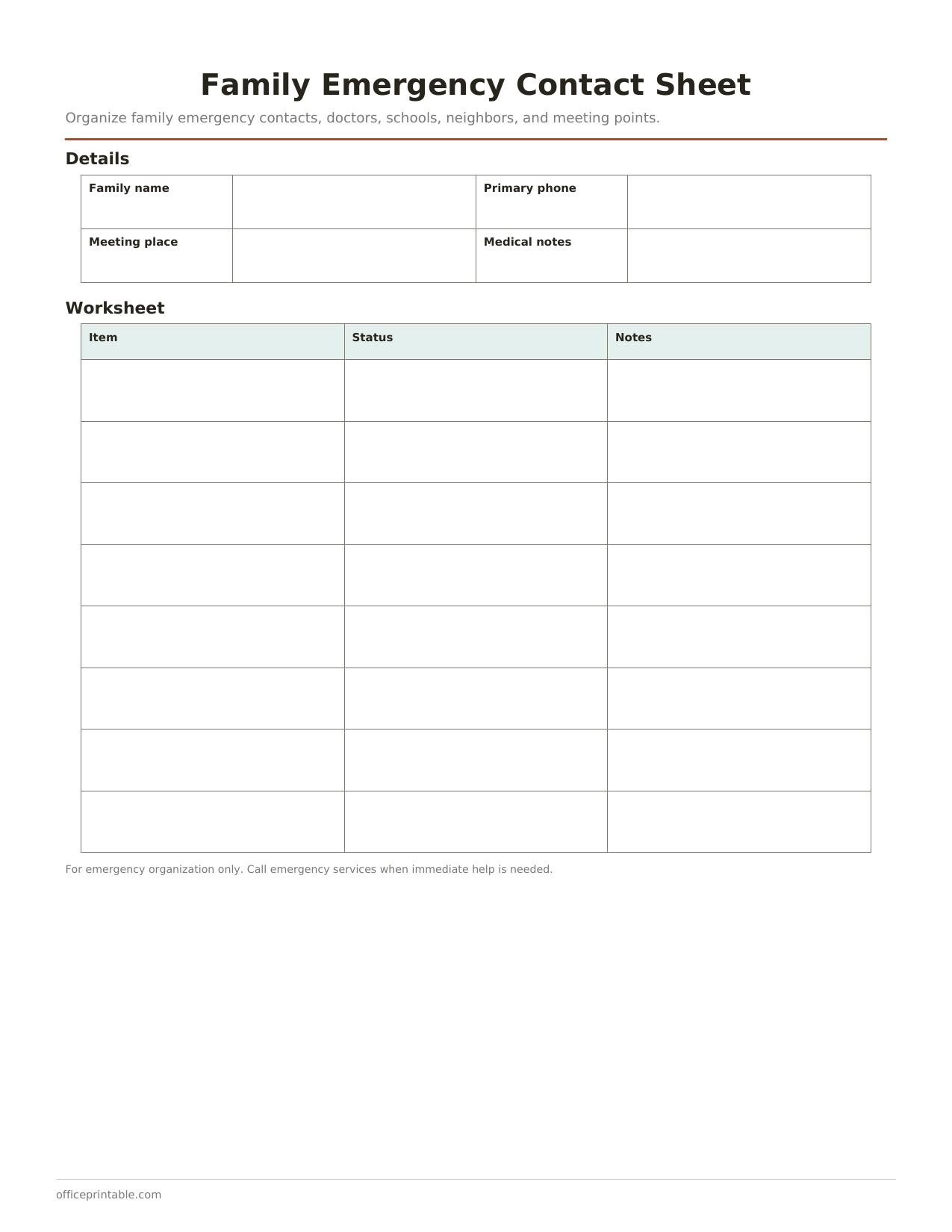 Preview of the Family Emergency Contact Sheet printable PDF