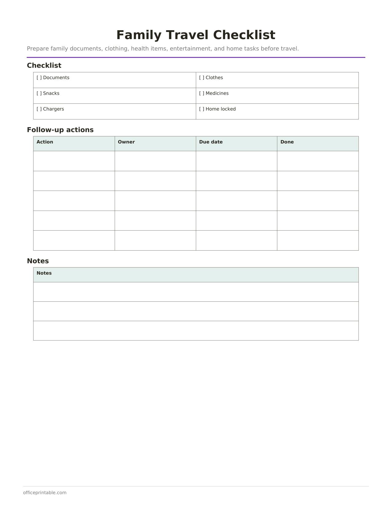 Preview of the Family Travel Checklist printable PDF