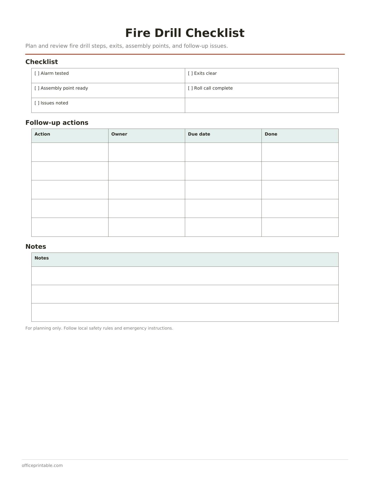 Preview of the Fire Drill Checklist printable PDF
