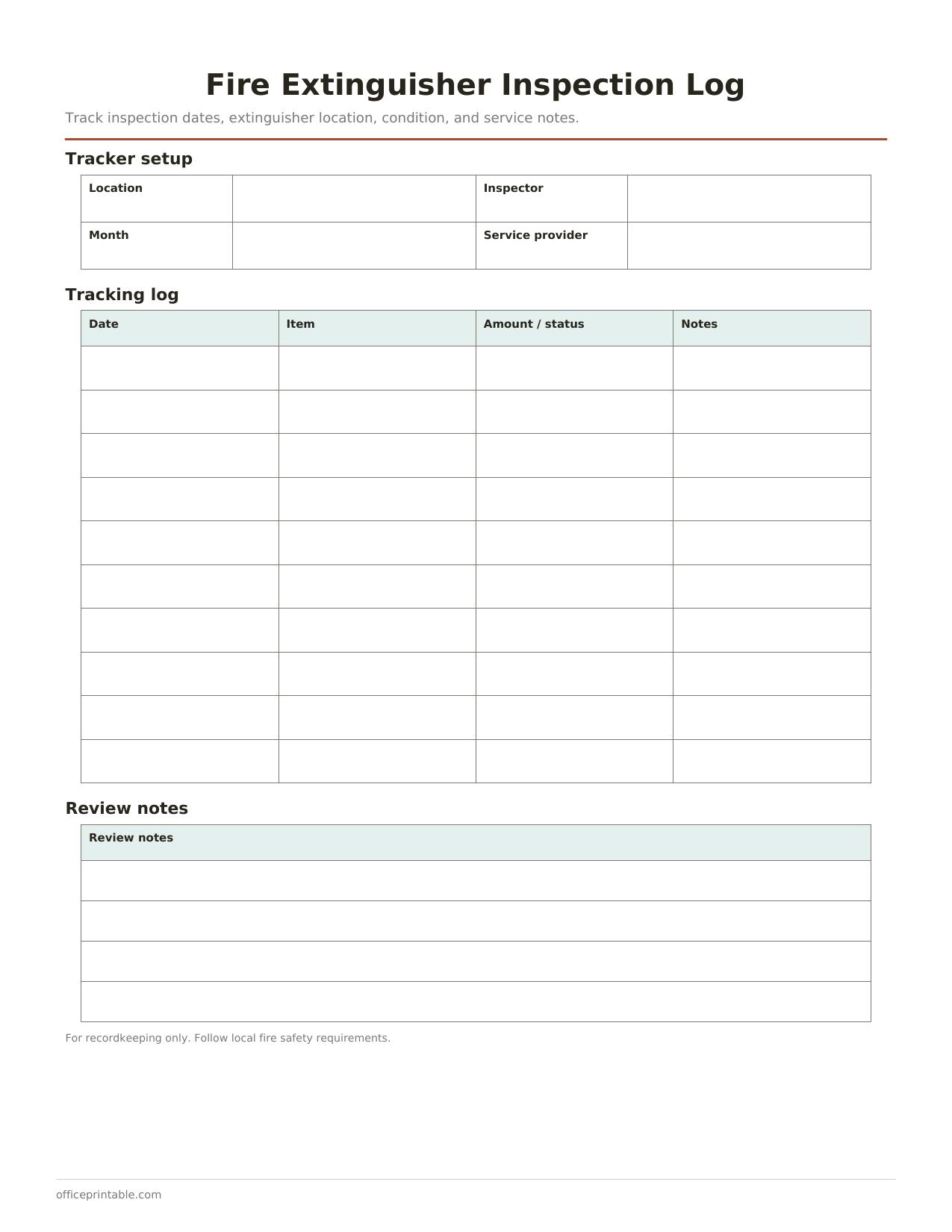 Preview of the Fire Extinguisher Inspection Log printable PDF