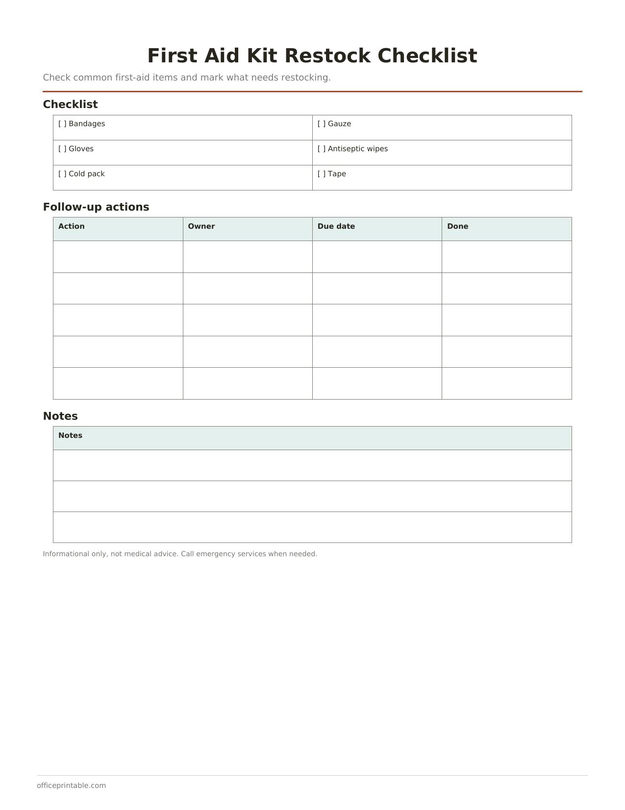 Preview of the First Aid Kit Restock Checklist printable PDF