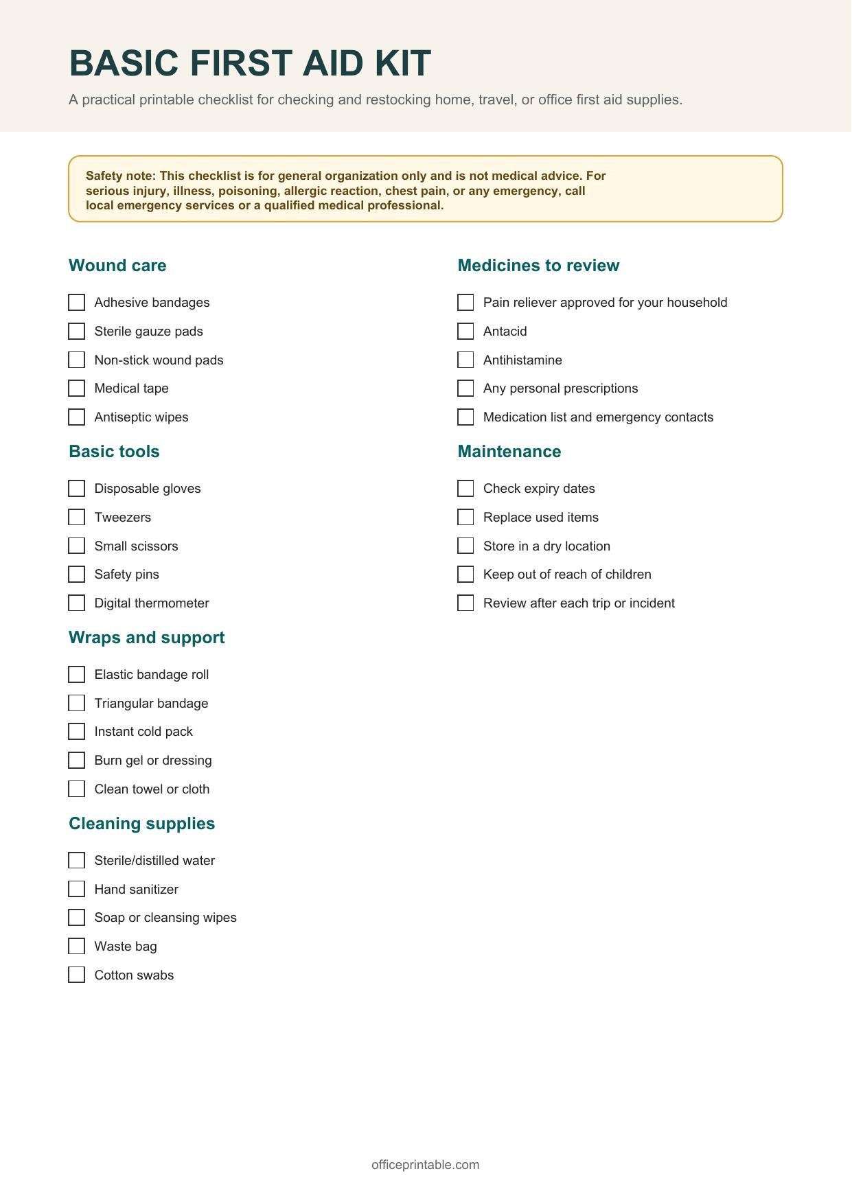 Preview of First Aid Kit Checklist