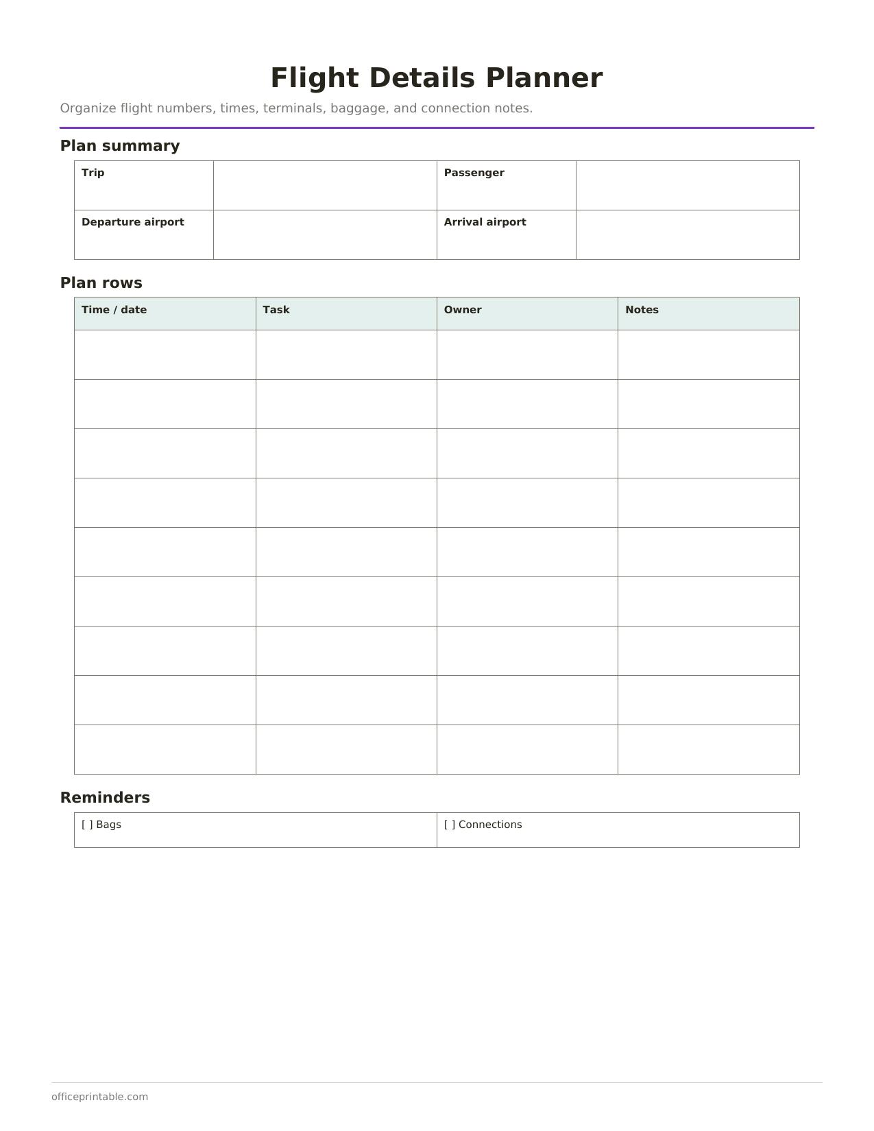 Preview of the Flight Details Planner printable PDF