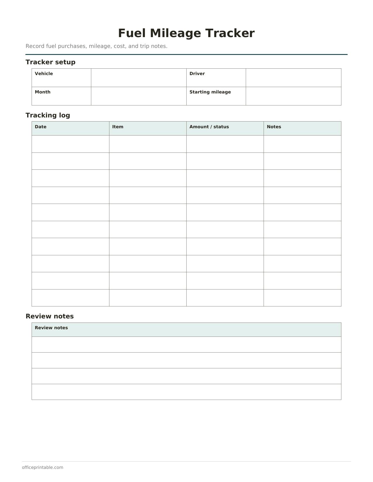 Preview of the Fuel Mileage Tracker printable PDF
