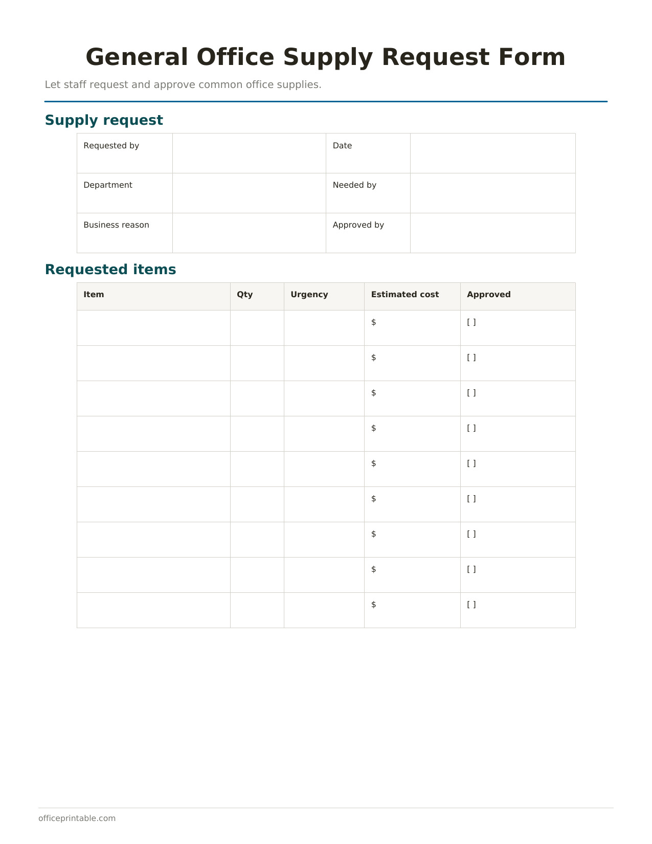 Preview of the General Office Supply Request Form printable PDF