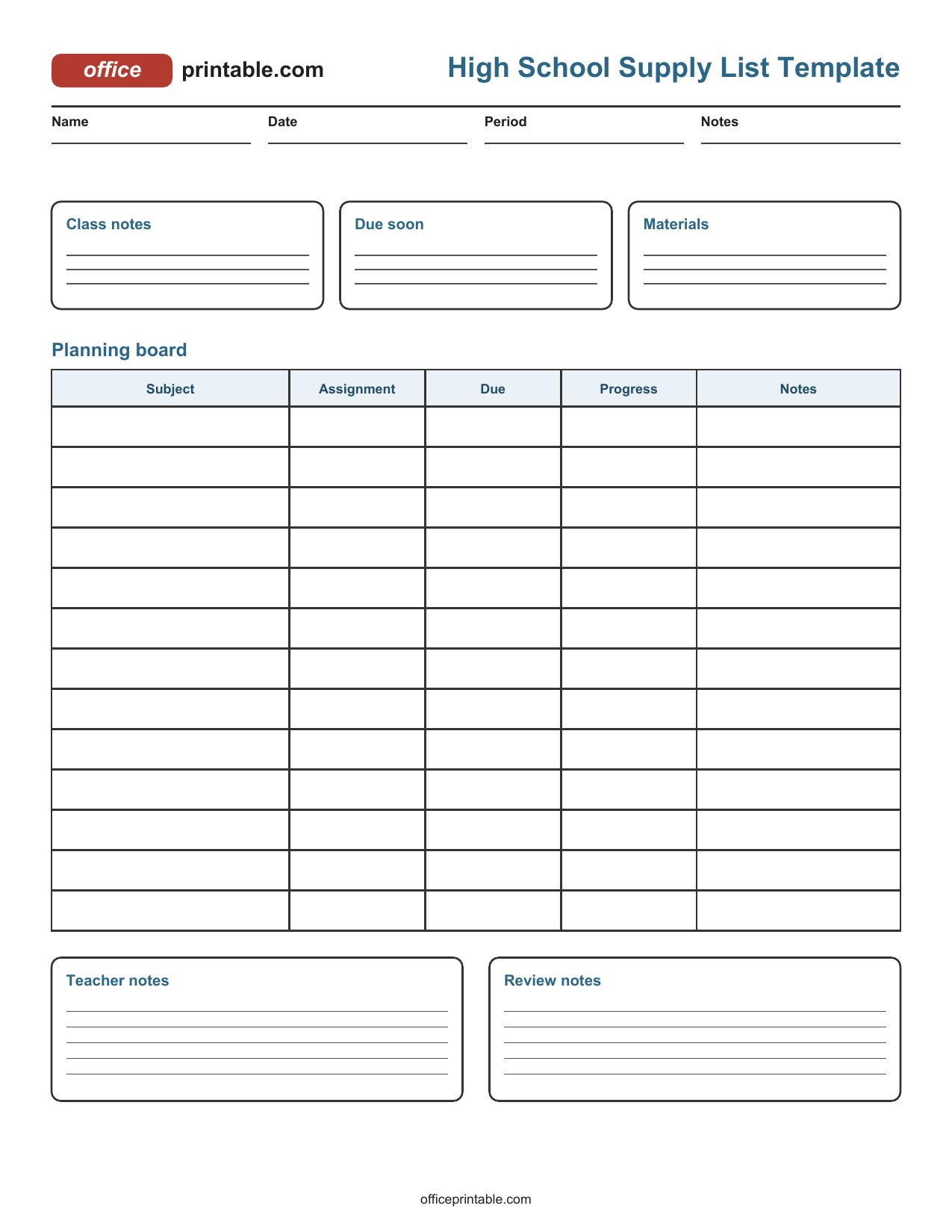 Preview thumbnail of High School Supply List Template