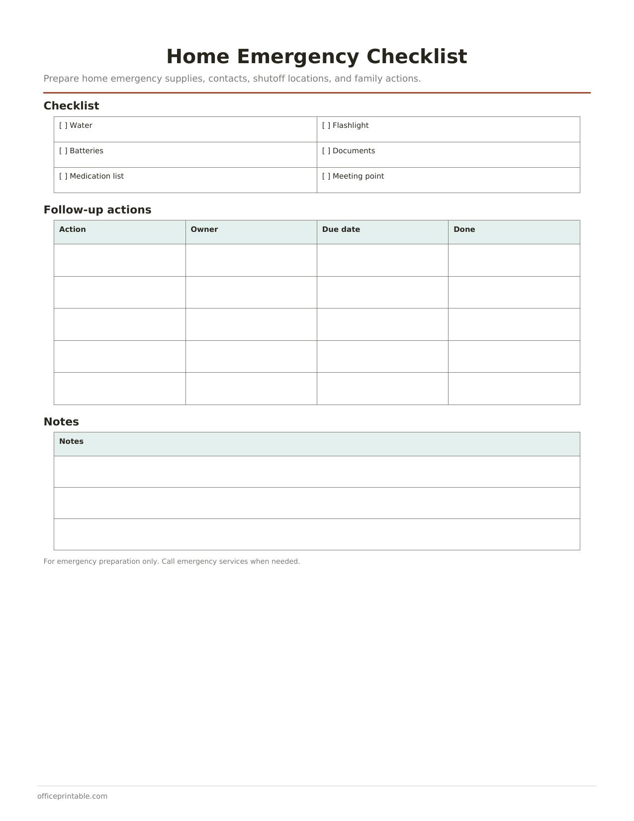 Preview of the Home Emergency Checklist printable PDF