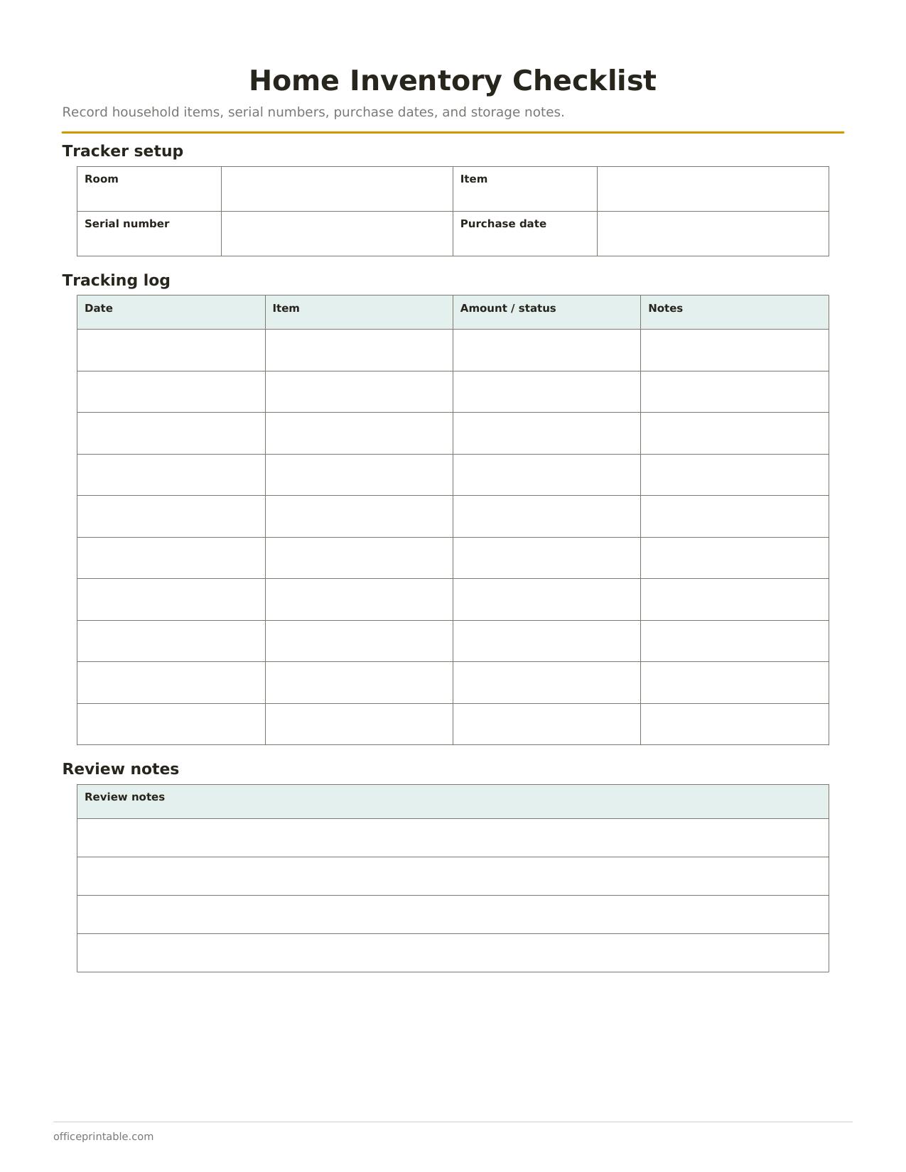 Preview of the Home Inventory Checklist printable PDF