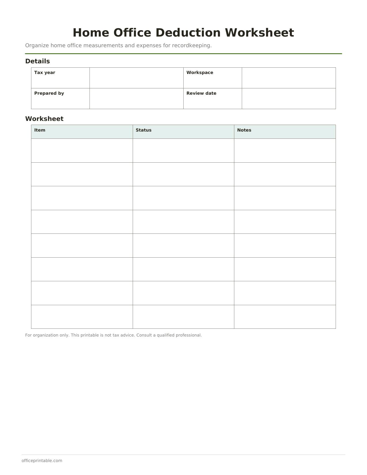 Preview thumbnail of Home Office Deduction Worksheet