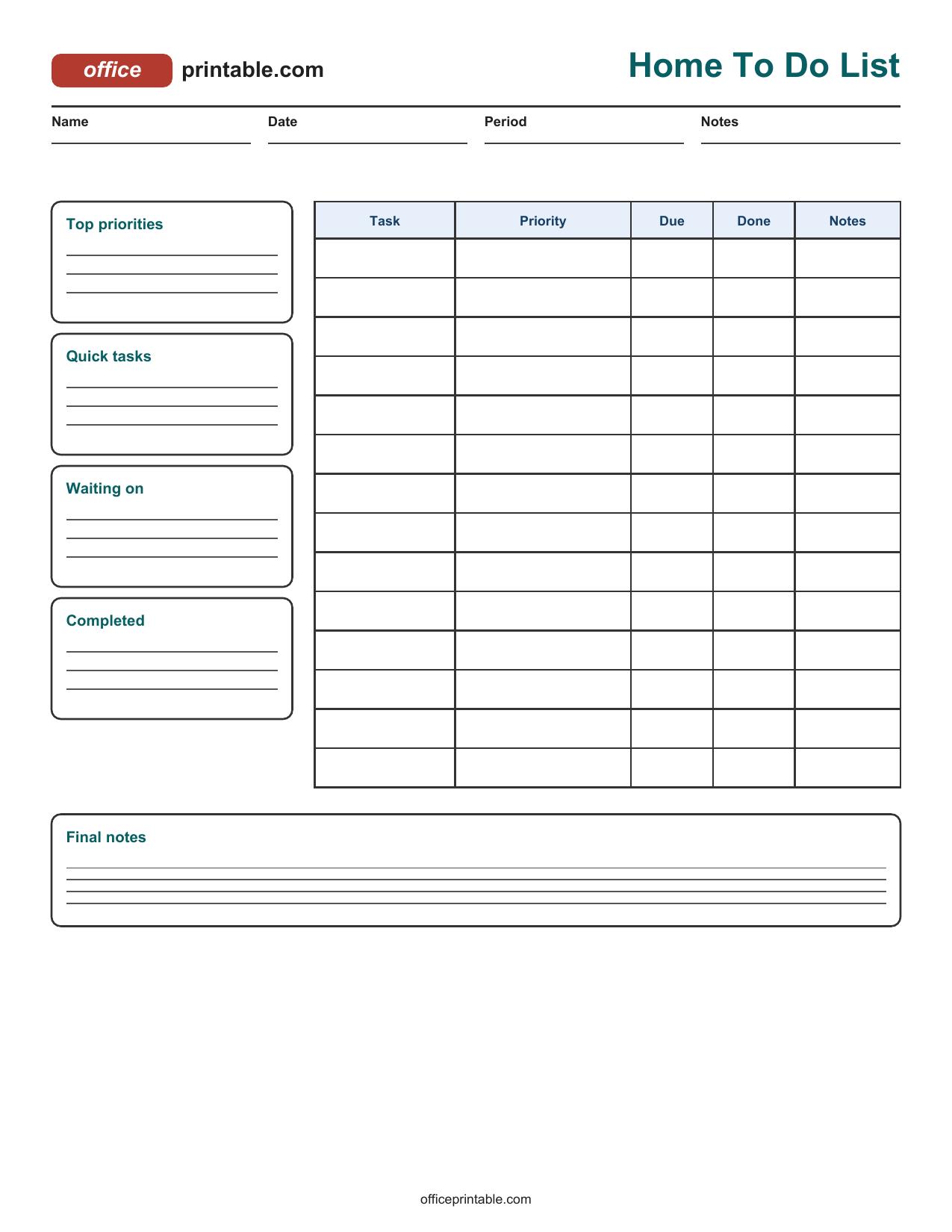 Preview thumbnail of Home To Do List Printable