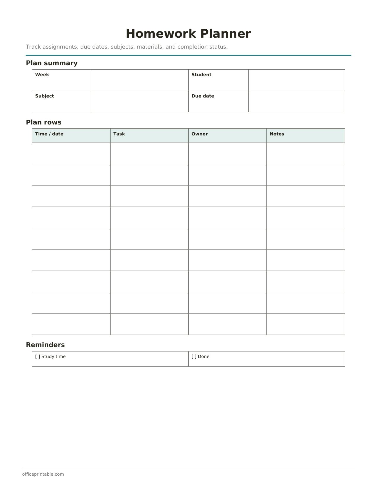 Preview of the Homework Planner printable PDF