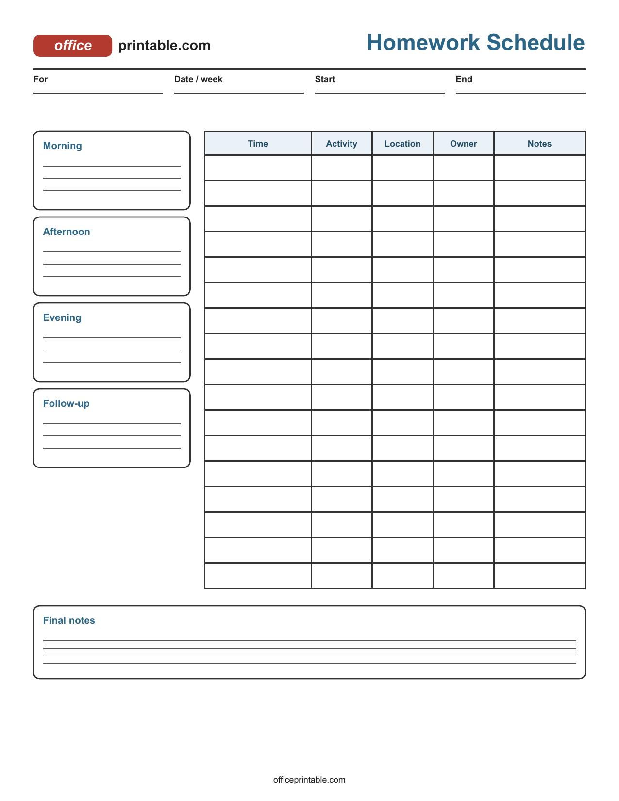Preview of Homework Schedule Printable