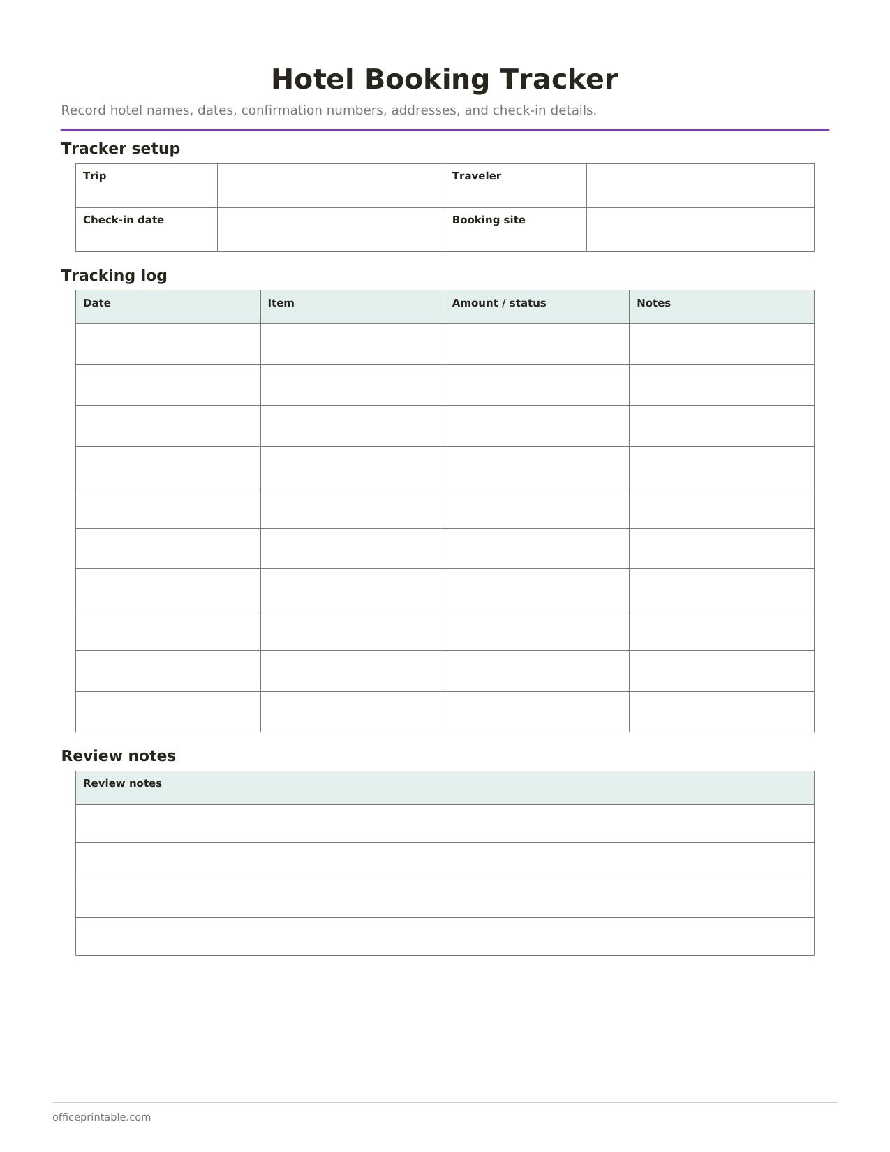 Preview of the Hotel Booking Tracker printable PDF
