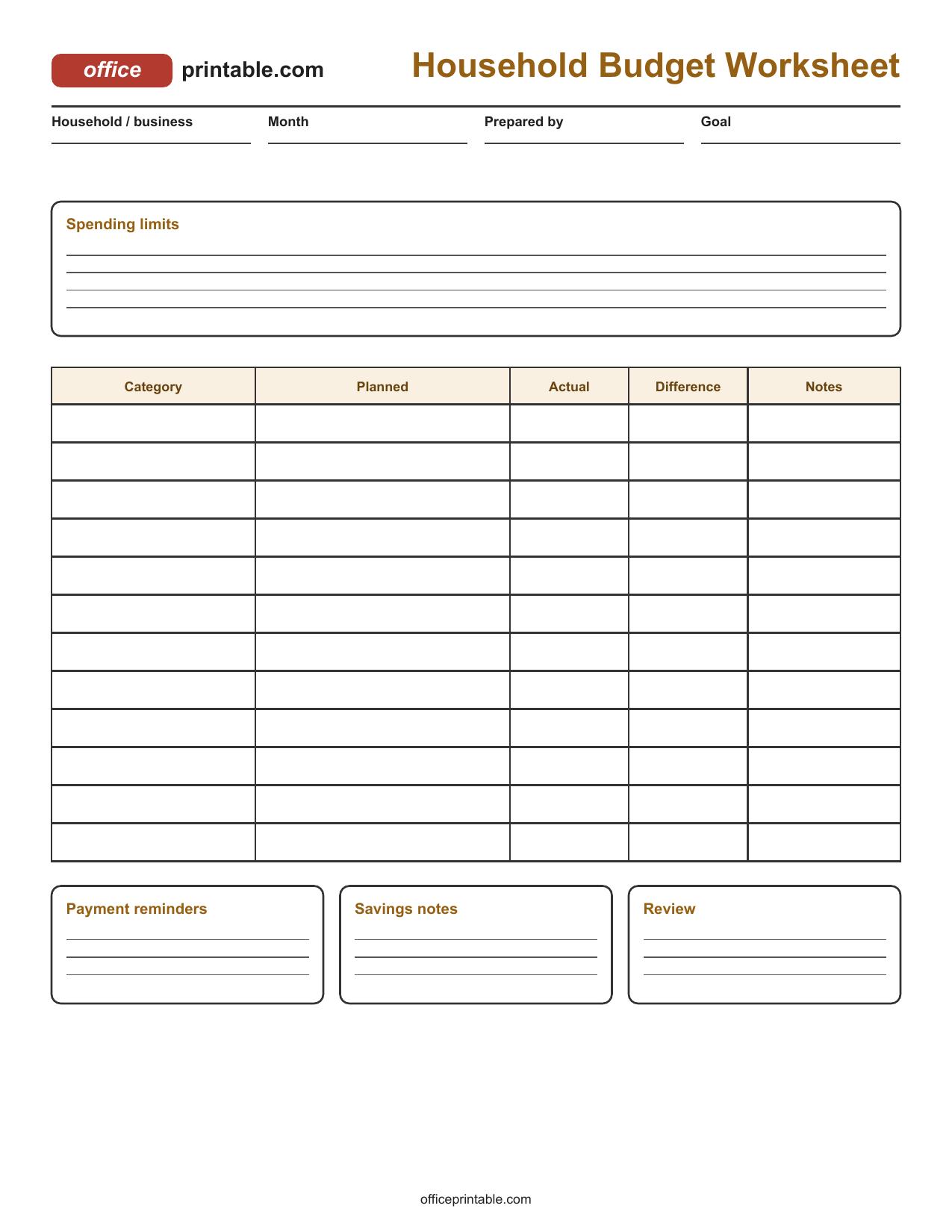 Preview thumbnail of Household Budget Worksheet Printable