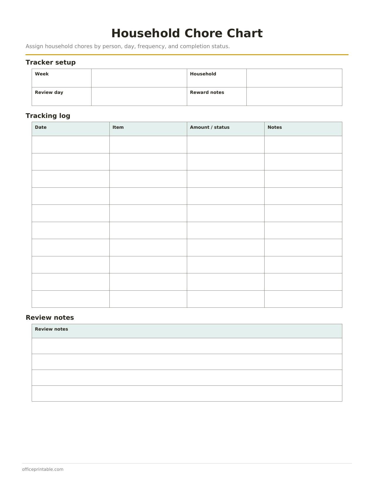 Preview of the Household Chore Chart printable PDF