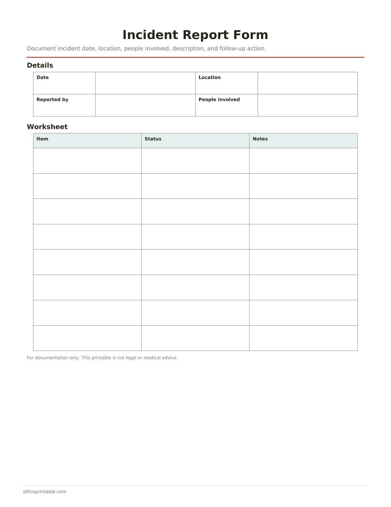 Preview of the Incident Report Form printable PDF