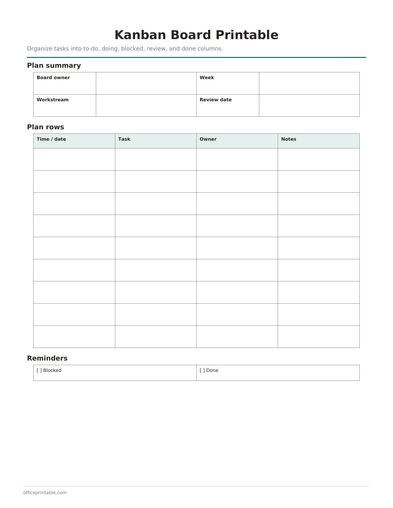 Preview of the Kanban Board Printable printable PDF